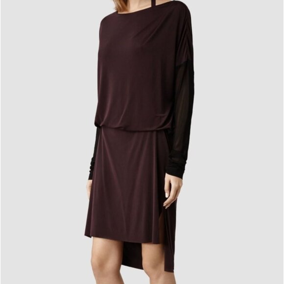 ALL SAINTS Rubia Dress Maroon Purple Sheer Black Sleeves Asymmetric Tie Up US 4 - Picture 1 of 13